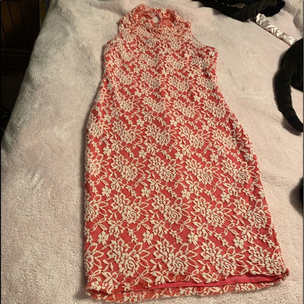 Hot Pink Dress with Cream Lace Overlay